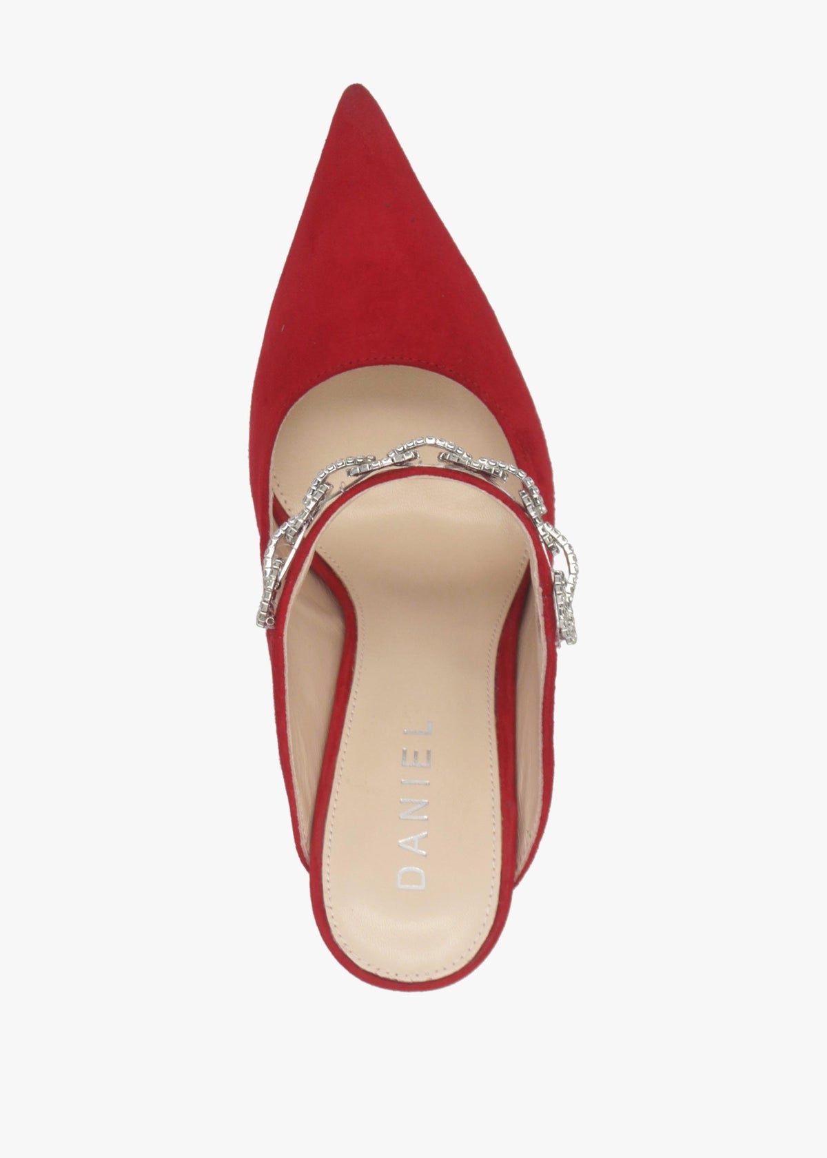 DANIEL Studio Mary Red Suede Embellished Heeled Mule Court Shoes