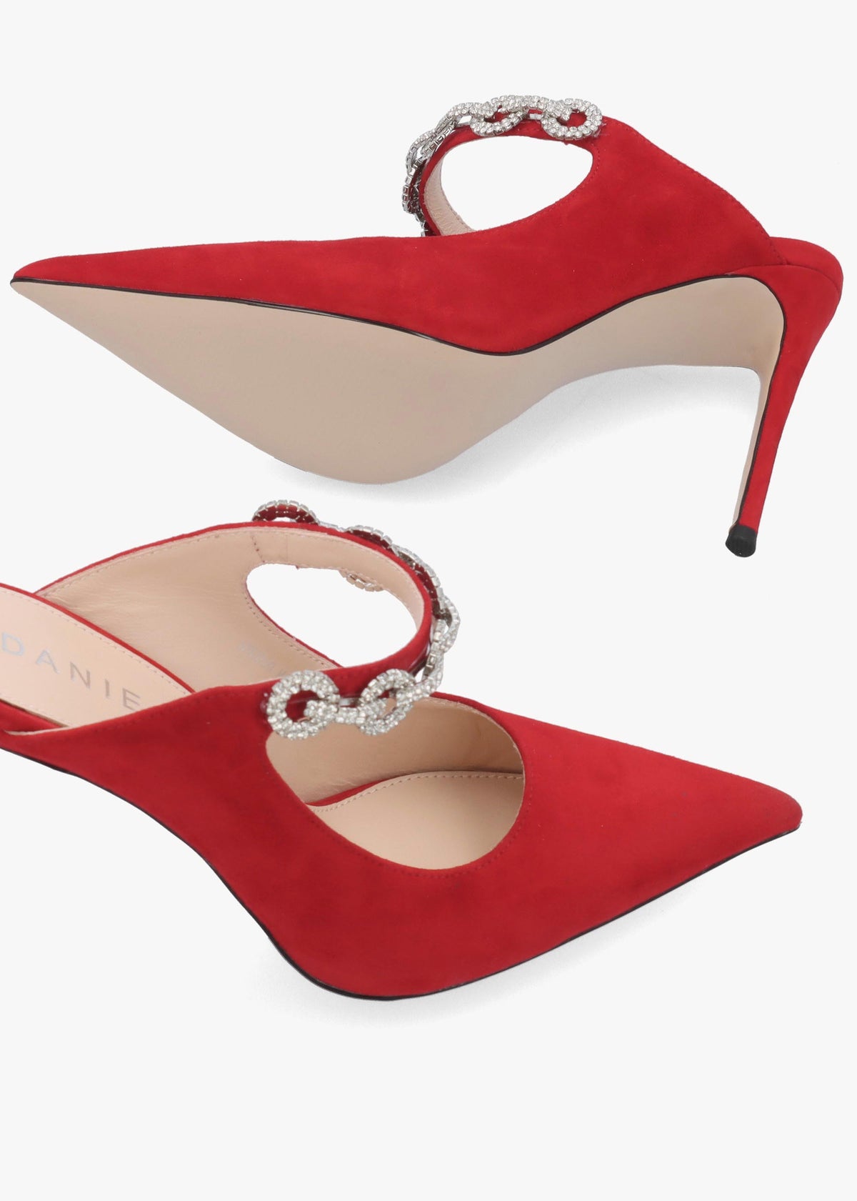 DANIEL Studio Mary Red Suede Embellished Heeled Mule Court Shoes