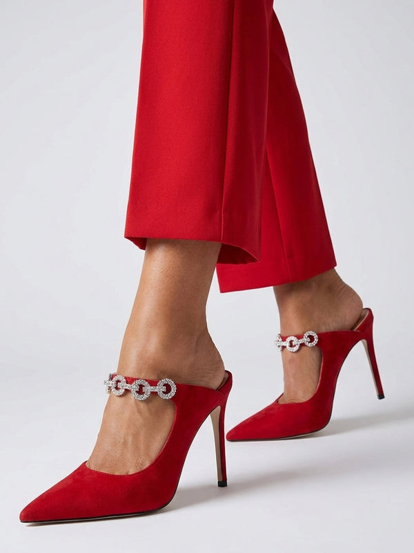 Daniel Studio Mary Red Suede Embellished Heeled Mule Court Shoes