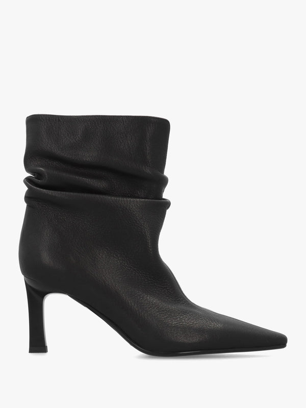 Syene Ruched Black Leather Heeled Ankle Boots