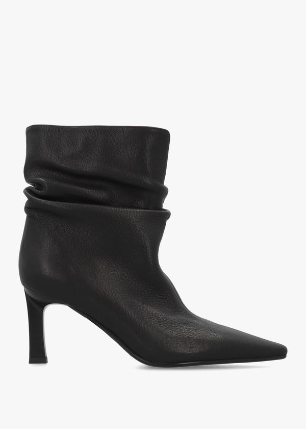 Syene Ruched Black Leather Heeled Ankle Boots