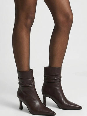 Syene Ruched Brown Leather Heeled Ankle Boots
