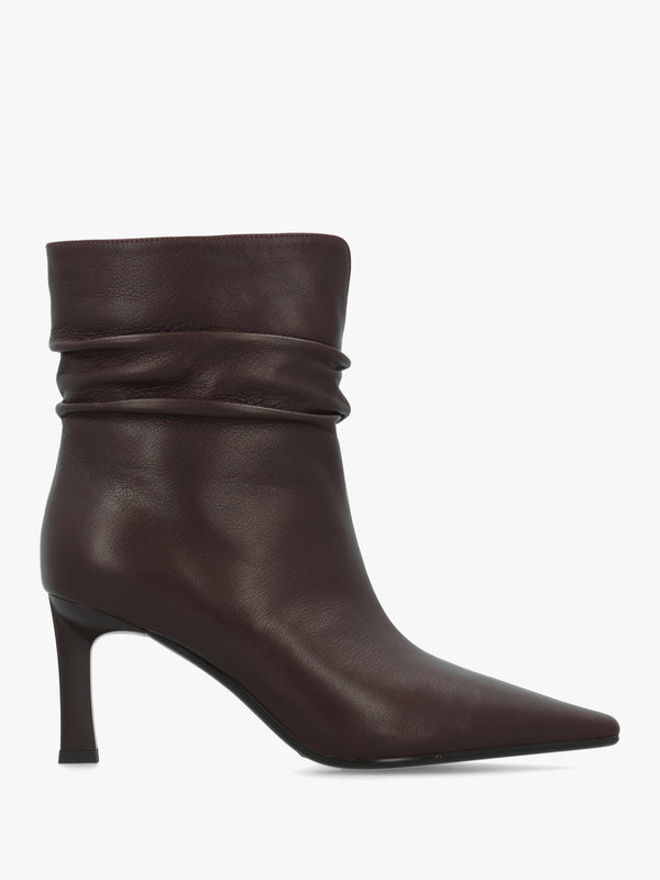 Syene Ruched Brown Leather Heeled Ankle Boots