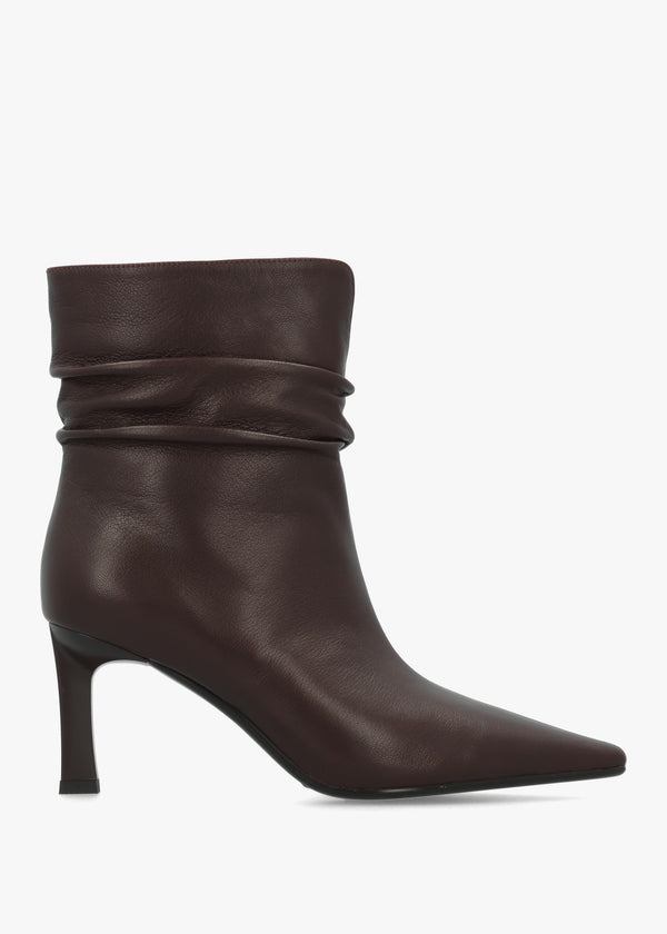 Syene Ruched Brown Leather Heeled Ankle Boots
