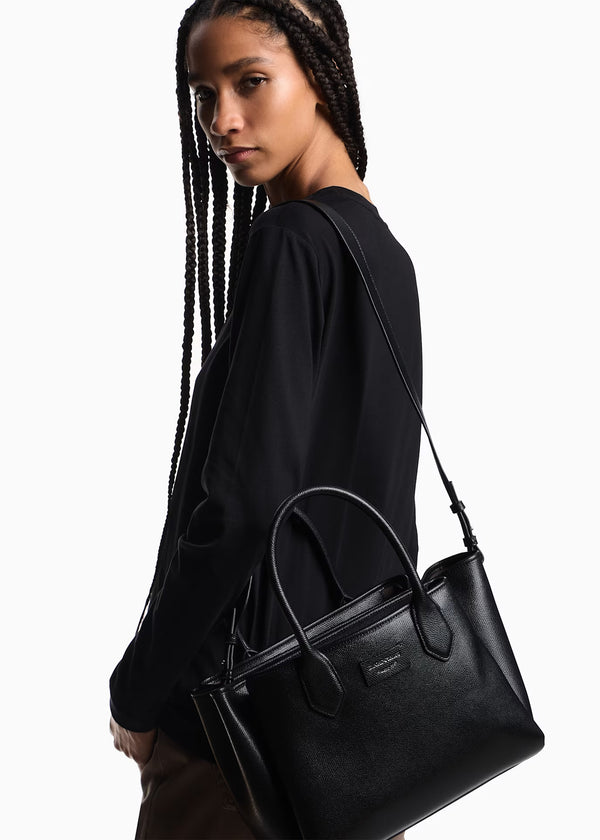 Emporio Armani Medium Black Leather Tote Bag