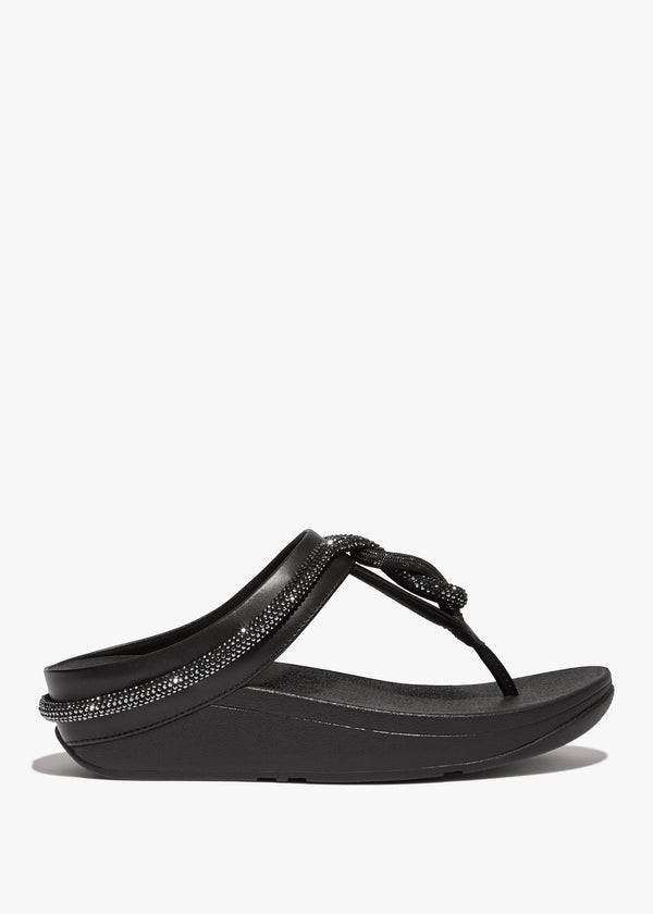 FitFlop Fino Crystal Cord Black Leather Toe Post Sandals