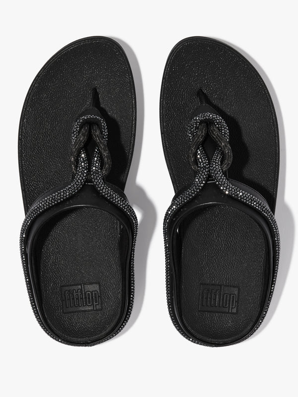 FitFlop Fino Crystal Cord Black Leather Toe Post Sandals
