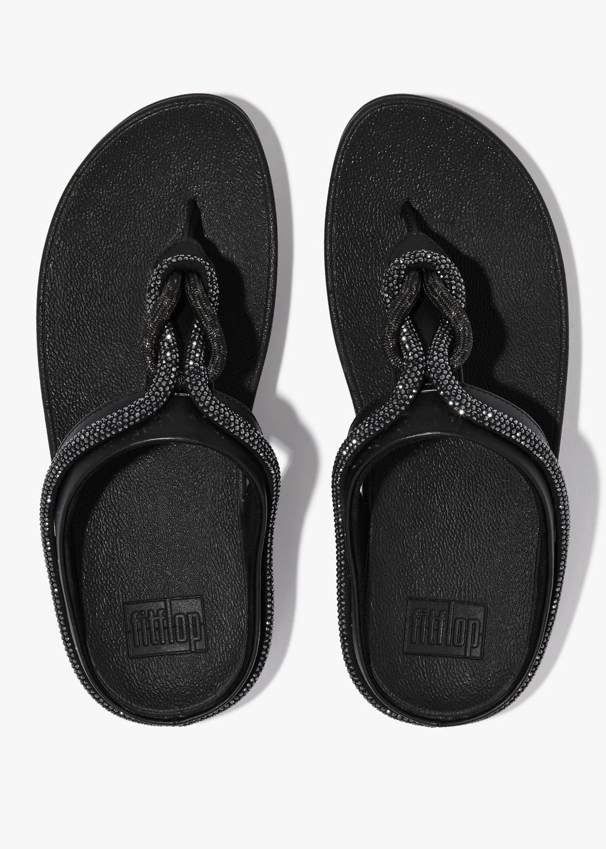 FitFlop Fino Crystal Cord Black Leather Toe Post Sandals