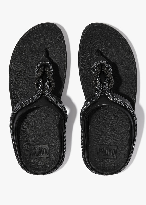 FitFlop Fino Crystal Cord Black Leather Toe Post Sandals