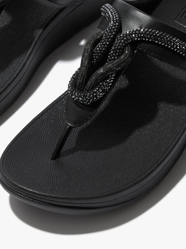 FitFlop Fino Crystal Cord Black Leather Toe Post Sandals