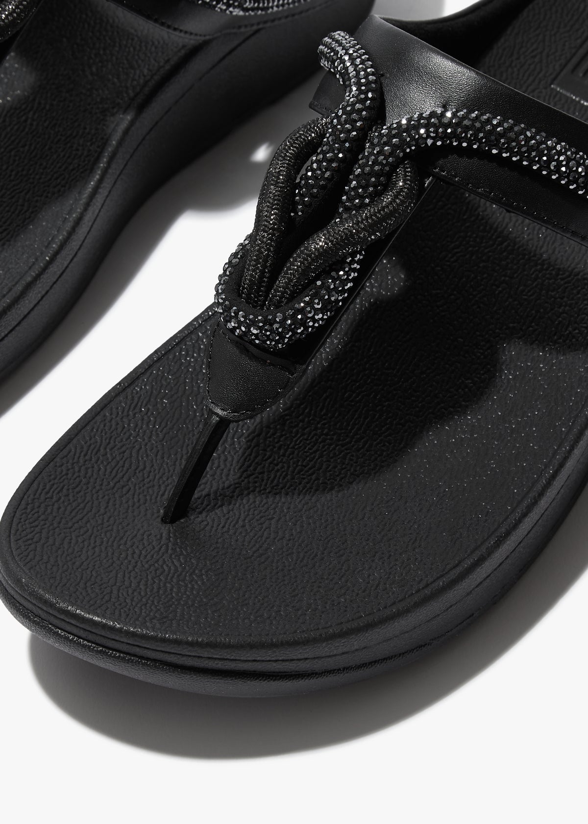 FitFlop Fino Crystal Cord Black Leather Toe Post Sandals