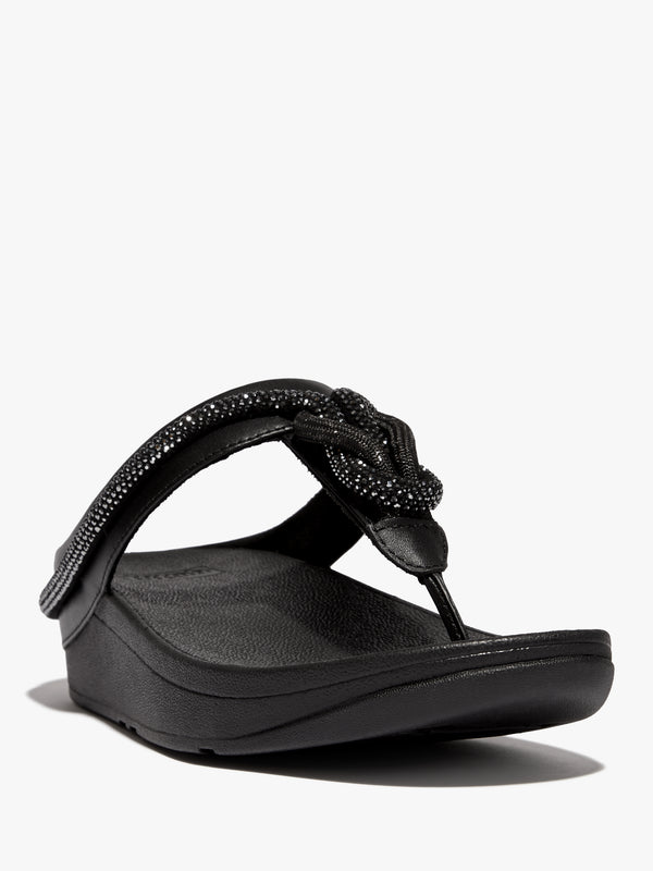 FitFlop Fino Crystal Cord Black Leather Toe Post Sandals