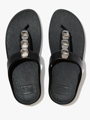FitFlop Fino Crystal Lock All Black Toe Post Sandals