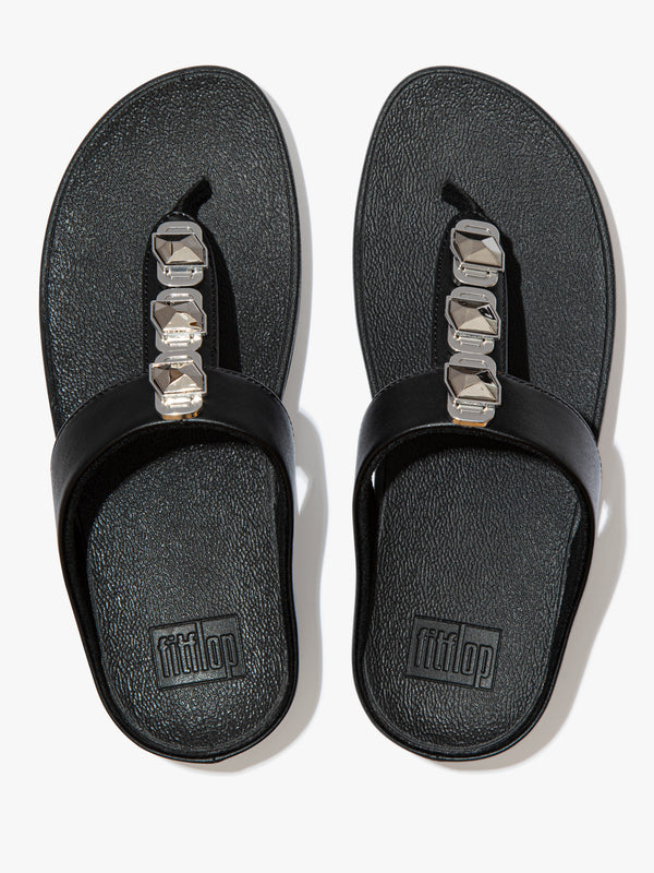 FitFlop Fino Crystal Lock All Black Toe Post Sandals