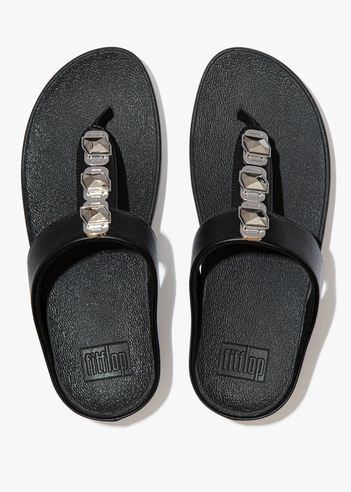 FitFlop Fino Crystal Lock All Black Toe Post Sandals