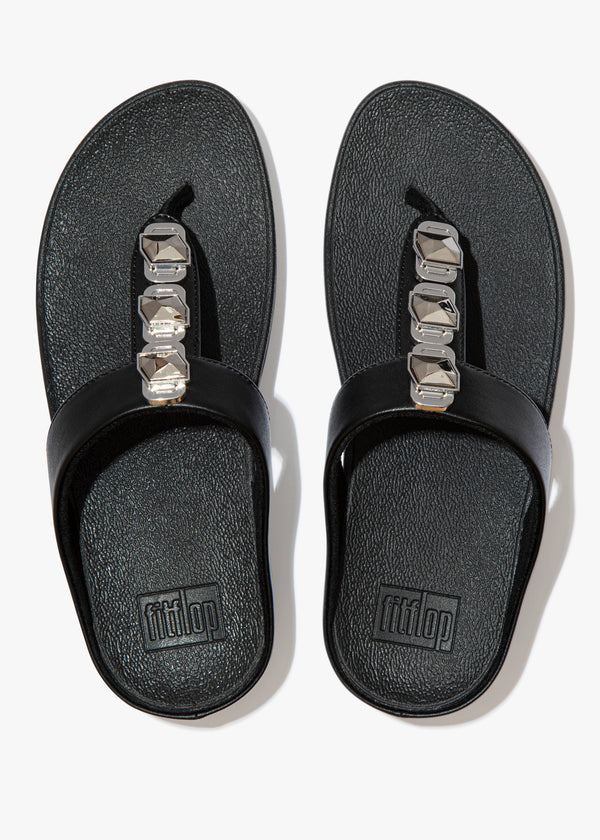 FitFlop Fino Crystal Lock All Black Toe Post Sandals