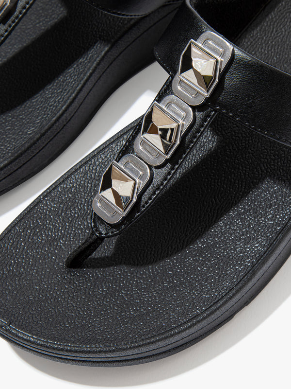 FitFlop Fino Crystal Lock All Black Toe Post Sandals