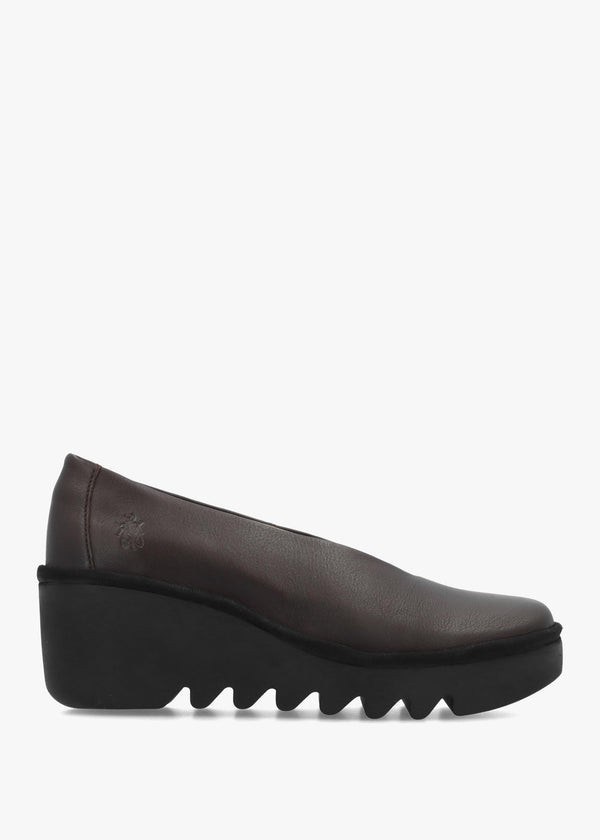 Fly London Beso Brown Leather Wedge Court Shoes