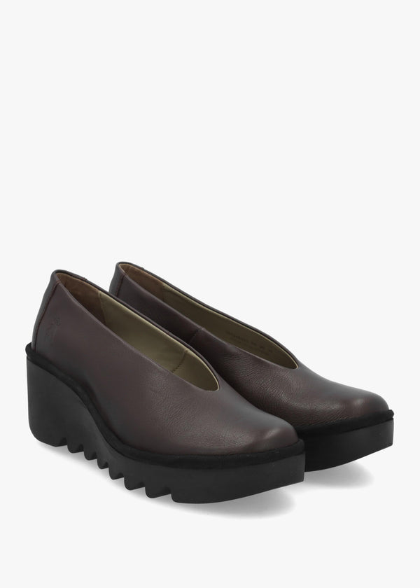 Fly London Beso Brown Leather Wedge Court Shoes