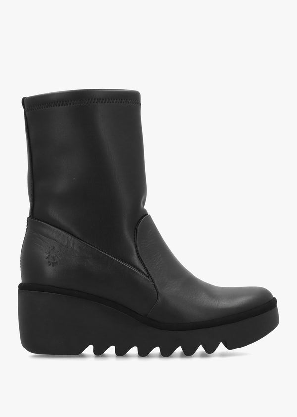 Fly London Boik Black Leather Wedge Ankle Boots
