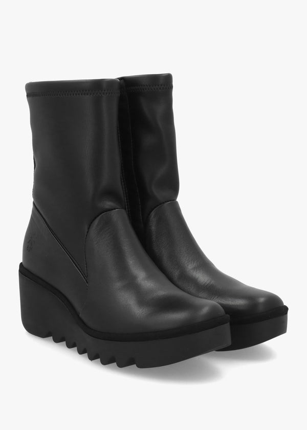 Fly London Boik Black Leather Wedge Ankle Boots