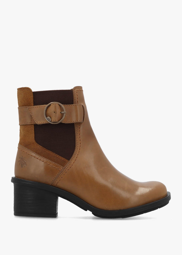 Cach Camel Leather Block Heel Ankle Boots