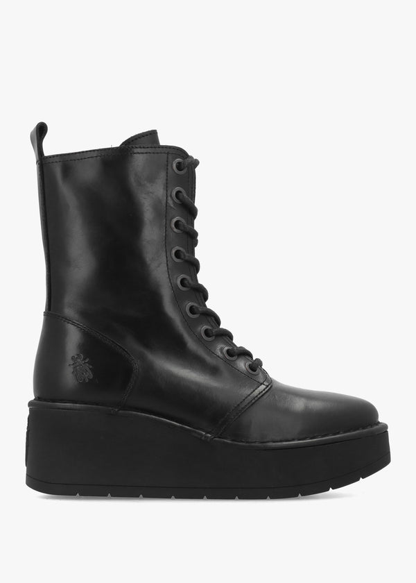 Fly London Hait Black Leather Wedge Boots