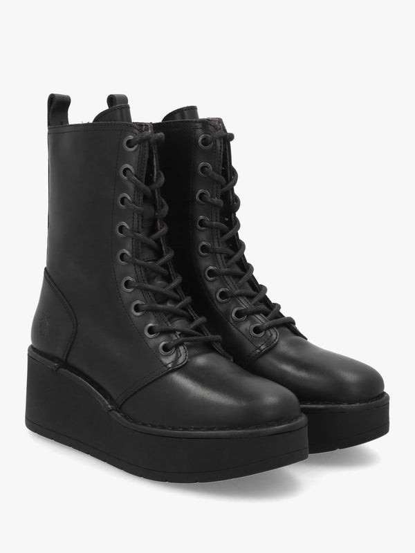 Fly London Hait Black Leather Wedge Boots