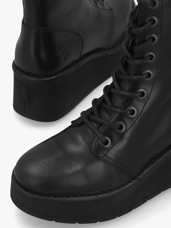 Fly London Hait Black Leather Wedge Boots