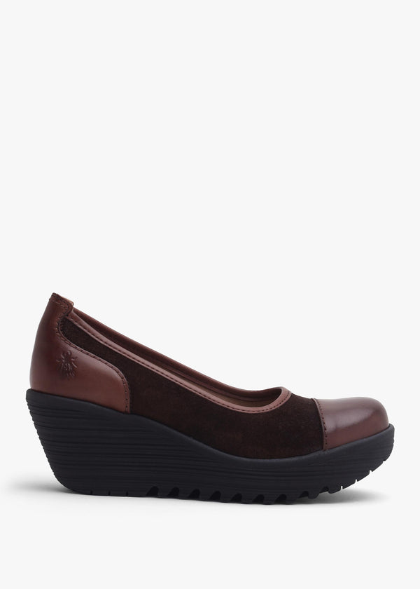 Fly London Lije Brown Expresso Suede Wedge Court Shoes