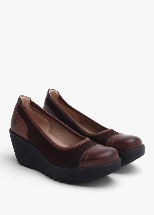Fly London Lije Brown Expresso Suede Wedge Court Shoes
