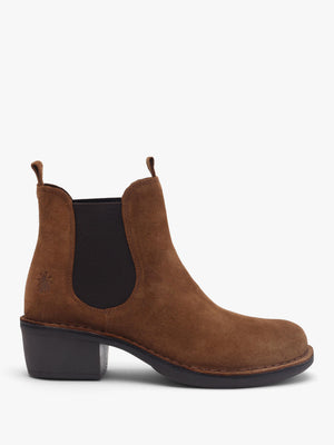 Fly London Meme Tobacco Suede Block Heel Chelsea Boots