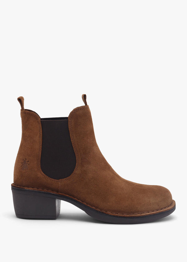 Fly London Meme Tobacco Suede Block Heel Chelsea Boots