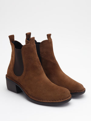 Fly London Meme Tobacco Suede Block Heel Chelsea Boots
