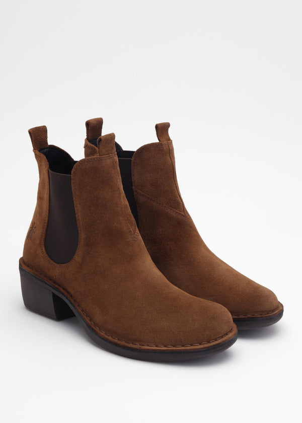 Fly London Meme Tobacco Suede Block Heel Chelsea Boots