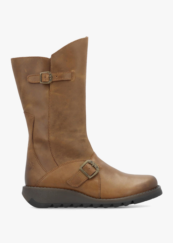 Fly London Mes II Tan Leather Low Wedge Calf Boots