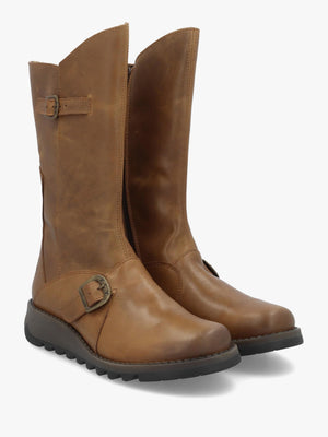 Fly London Mes II Tan Leather Low Wedge Calf Boots