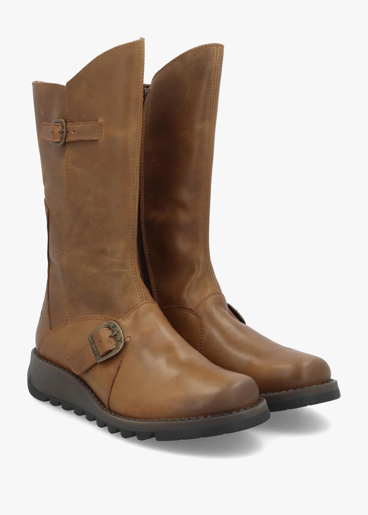 Fly London Mes II Tan Leather Low Wedge Calf Boots