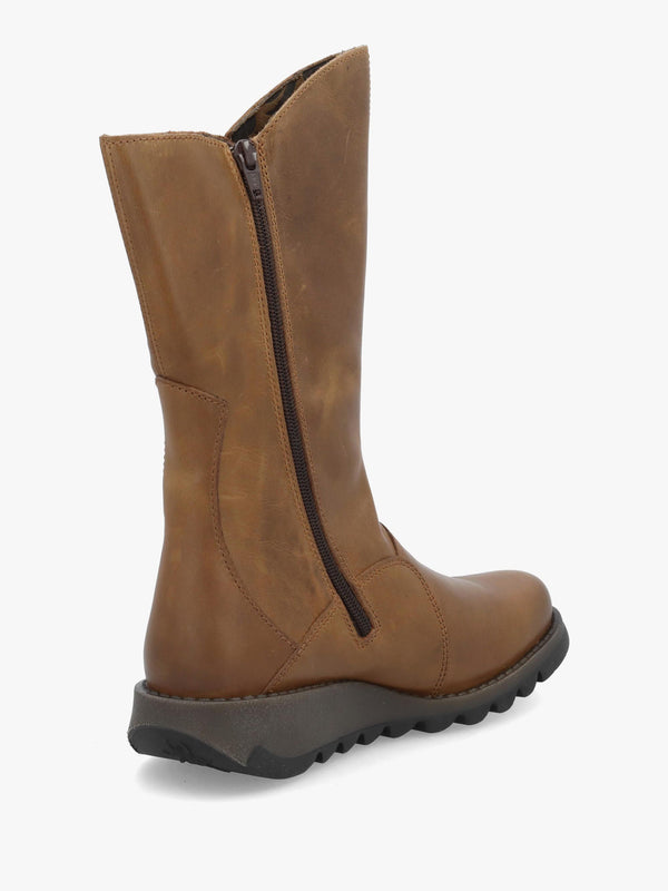 Fly London Mes II Tan Leather Low Wedge Calf Boots