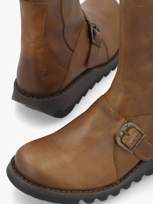 Fly London Mes II Tan Leather Low Wedge Calf Boots