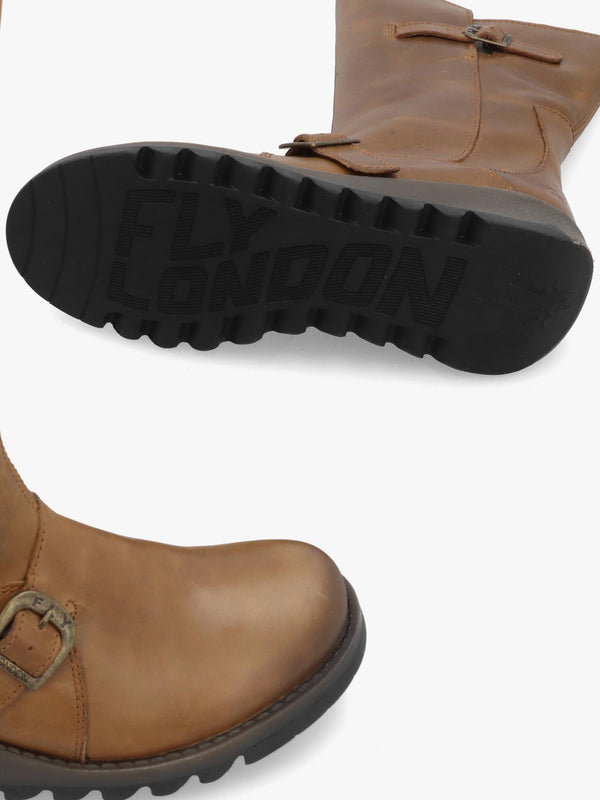 Fly London Mes II Tan Leather Low Wedge Calf Boots