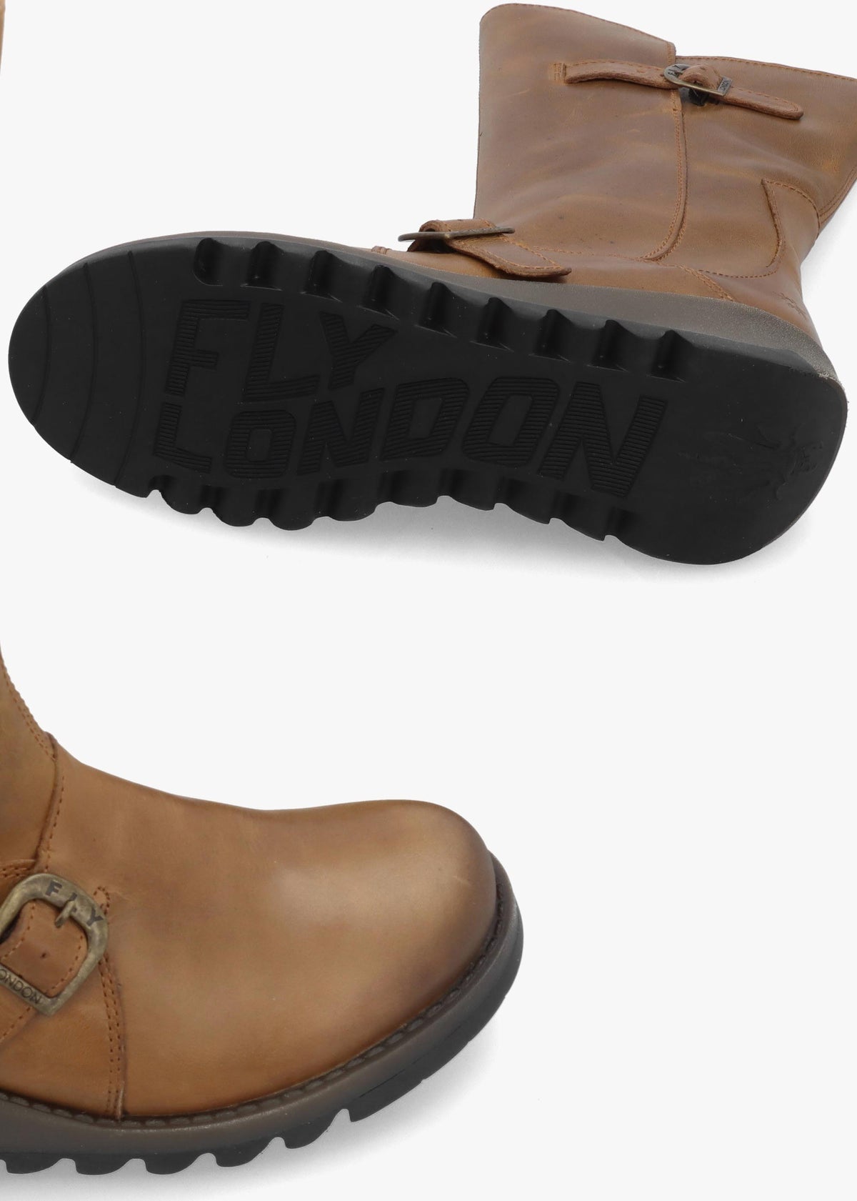 Fly London Mes II Tan Leather Low Wedge Calf Boots