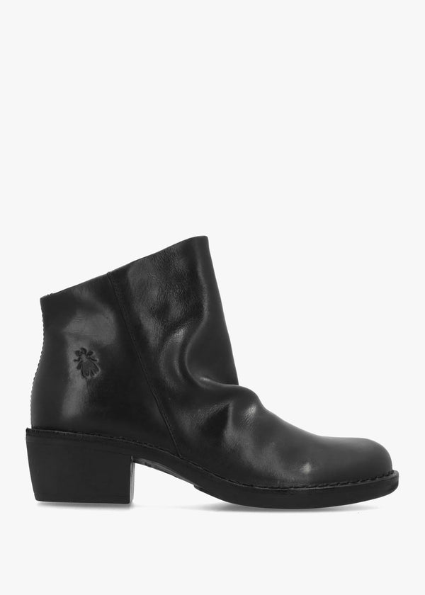 Muke Black Leather Ruched Block Heel Ankle Boots