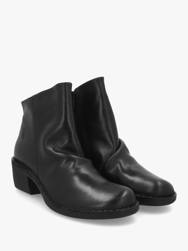 Muke Black Leather Ruched Block Heel Ankle Boots