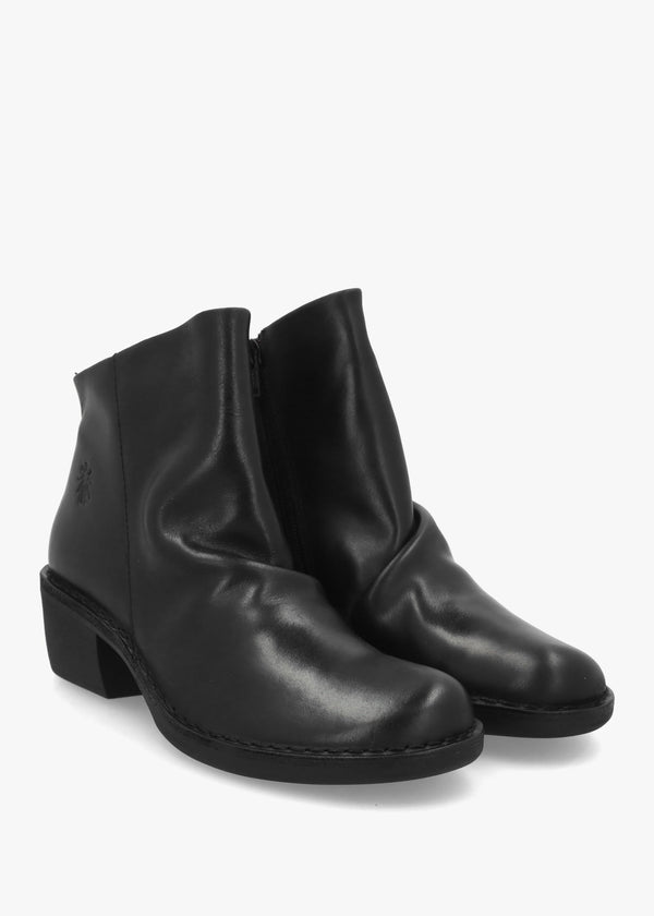 Muke Black Leather Ruched Block Heel Ankle Boots