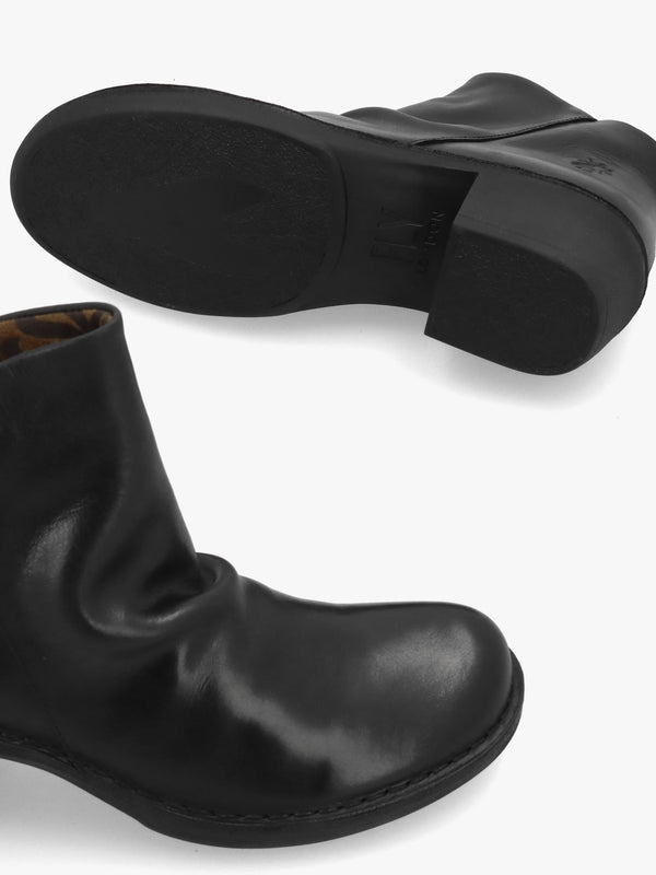 Muke Black Leather Ruched Block Heel Ankle Boots