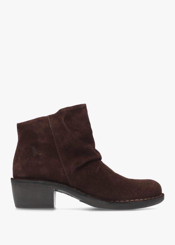 Fly London Muke Brown Suede Ruched Block Heel Ankle Boots