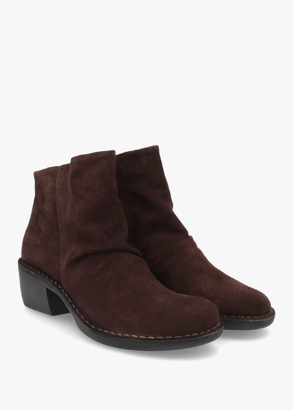 Fly London Muke Brown Suede Ruched Block Heel Ankle Boots
