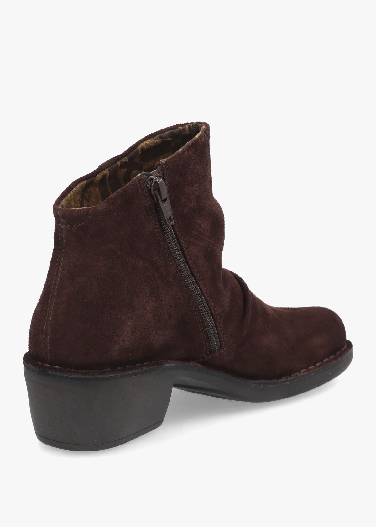 Fly London Muke Brown Suede Ruched Block Heel Ankle Boots