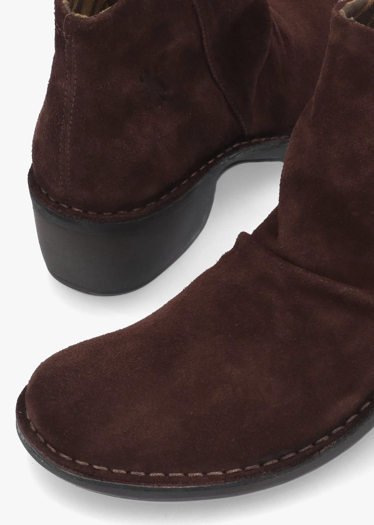 Fly London Muke Brown Suede Ruched Block Heel Ankle Boots